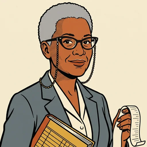 Back Office Betty, drawn in comic-strip style: a gray-haired woman in cat-eye glasses holding a ledger and receipt tape.