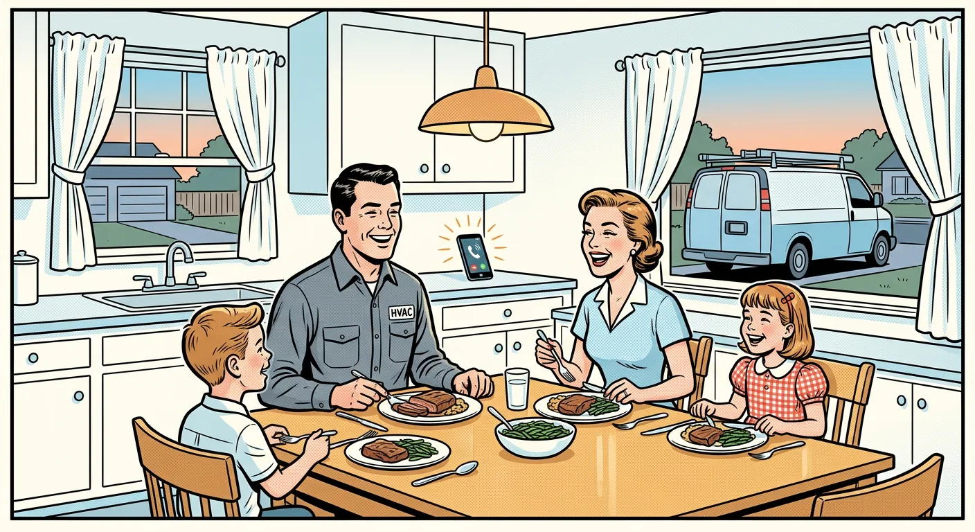 Comic panel: an HVAC owner laughs at dinner with his wife and two kids while his phone rings on the kitchen counter and his work van sits in the driveway at dusk.